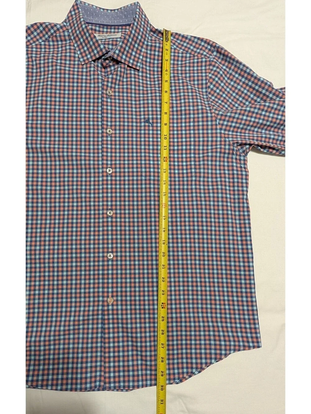 Tommy Bahama IslandZone Mens Large Gingham Button Down Shirt Blue Orange Marlin